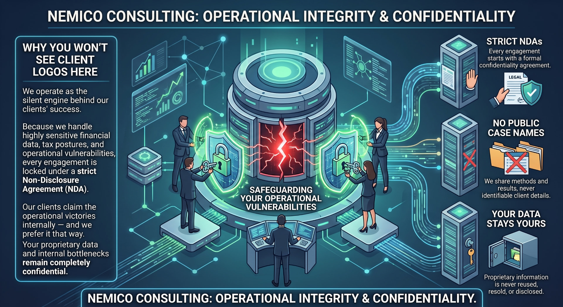 Nemico Consulting: Operational integrity and confidentiality. We operate as the silent engine behind our clients' success. Every engagement is locked under a strict Non-Disclosure Agreement. We never share public case names, and your proprietary data stays yours.