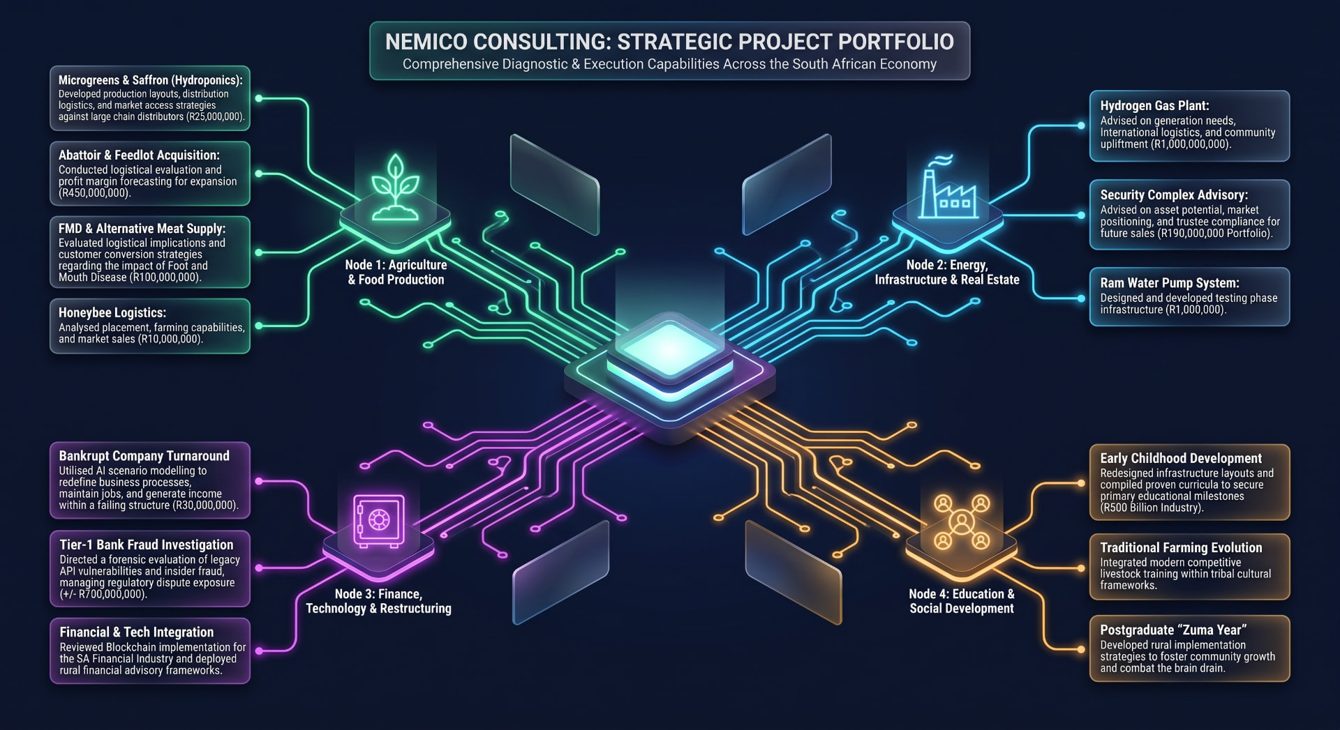 Nemico Consulting strategic project portfolio: agriculture and food production, energy, infrastructure and real estate, finance, technology and restructuring, and education and social development projects with their rand values.