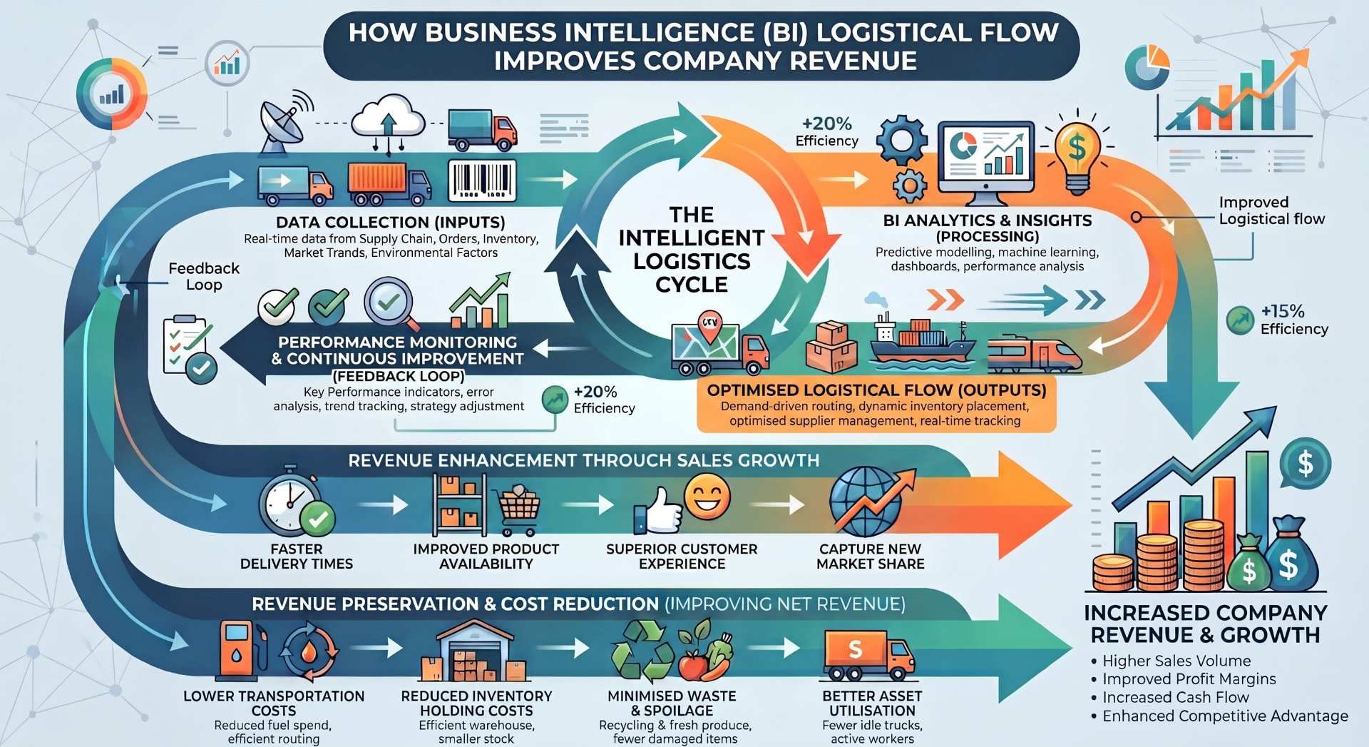 How business intelligence and logistical flow improve company revenue: data collection inputs feed BI analytics and insights, which produce optimised logistical flow outputs, then performance monitoring closes the feedback loop — driving revenue enhancement through sales growth and revenue preservation through cost reduction, resulting in increased company revenue and growth.